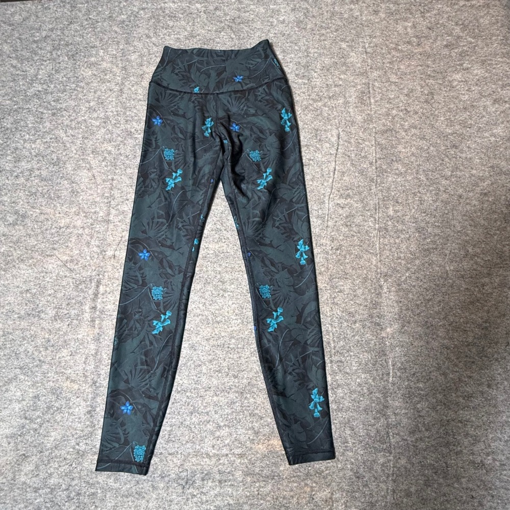 Greyson High Rise Floral Print Womens Leggings XS Dark Green Blue Wolf Logo